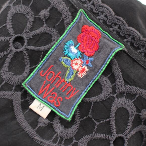 Johnny Was Black Floral Embroidered Eyelet Long Sleeve Mini Dress M Sheer Tunic - Picture 6 of 7